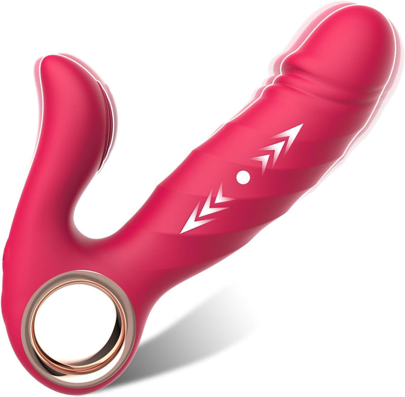 Adult Sex Toys for Women Pleasure - 2 in 1 Clitoral G Spot Vibrator Thrusting Dildo with 10 Vibrating & 5 Thrusting Levels, Circle Handle Rabbit Vibrators Sex Toy for Couple and Game, Red