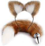 Anal Plug Butt Plug, 2Pcs/Set Sex Fox Tail Anales Plug Toys Butt Plugs with Cat Ears Headband Anal Sex Toys for Women Man Beginners Adult Couples Bondage, Brown/White