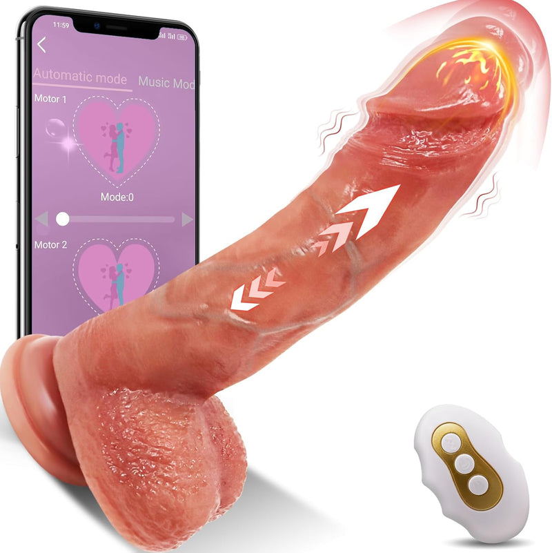 Thrusting Dildo Vibrator Sex Toys, Realistic Dildo for G Spot Anal Stimulation with APP Remote Control Dildo, Blowjob Silicone Dildo with 10 Vibration 5 Thrust Mode Adult Sex Toy for Women Couple