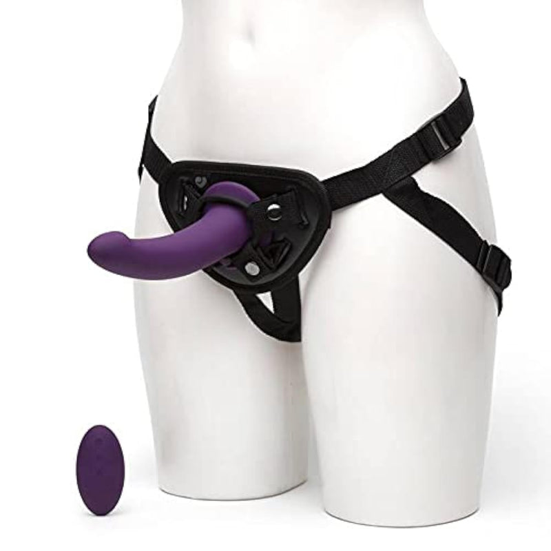 Desire Vibrating Strap On Dildo Harness Kit - 7 Inch Silicone Strap On For Pegging - Remote Control With 20 Functions - 3 O-Rings & Adjustable Harness - Rechargeable & Waterproof - Purple