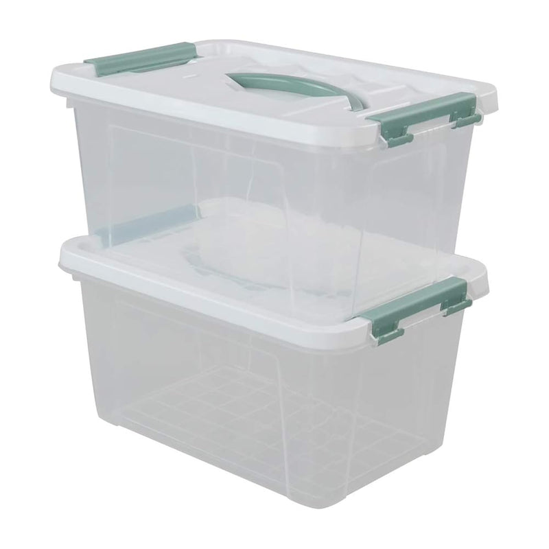 6 Quart Clear Storage Bins With Lid And Green Handle, Multipurpose Stackable Pla