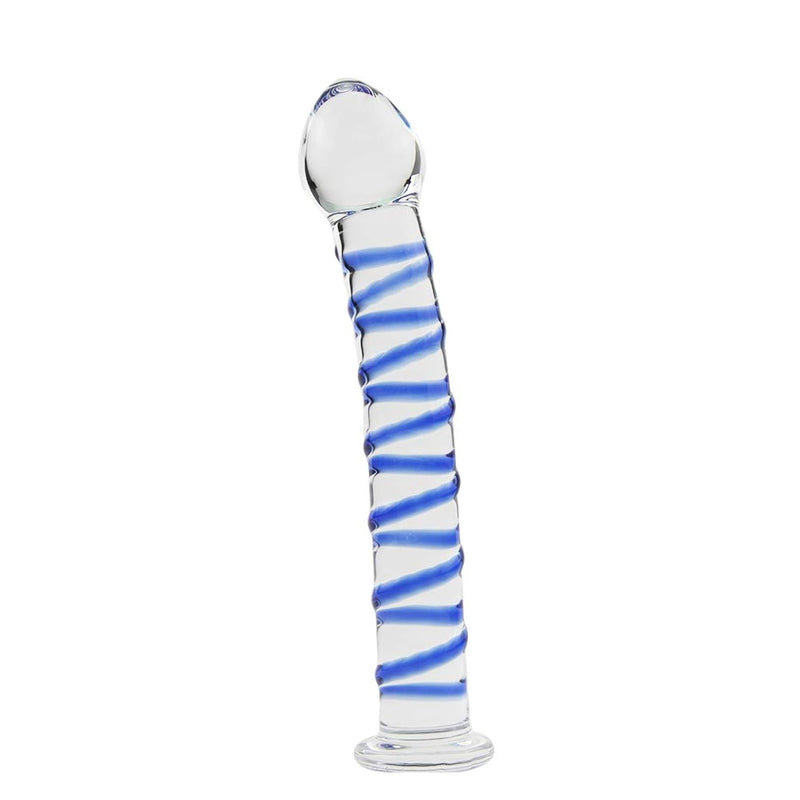 Crystal Glass Pleasure Wand Dildo Penis With Blue Raised Spiral Texture Mushroom Tip Anal Butt Plug