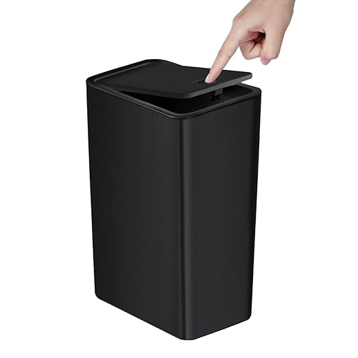 Bathroom Trash Can with Lid, 10 Liter/ 2.6 Gallon Slim Garbage Can, Small Trash Bin Waste Basket with Pop-Up Lid for Kitchen, Bedroom, Living Room, Office (Black)