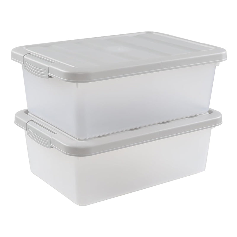 14 Quart Plastic Clear Storage Bin, Stackable Latching Box With Grey Lid, 2 Pack