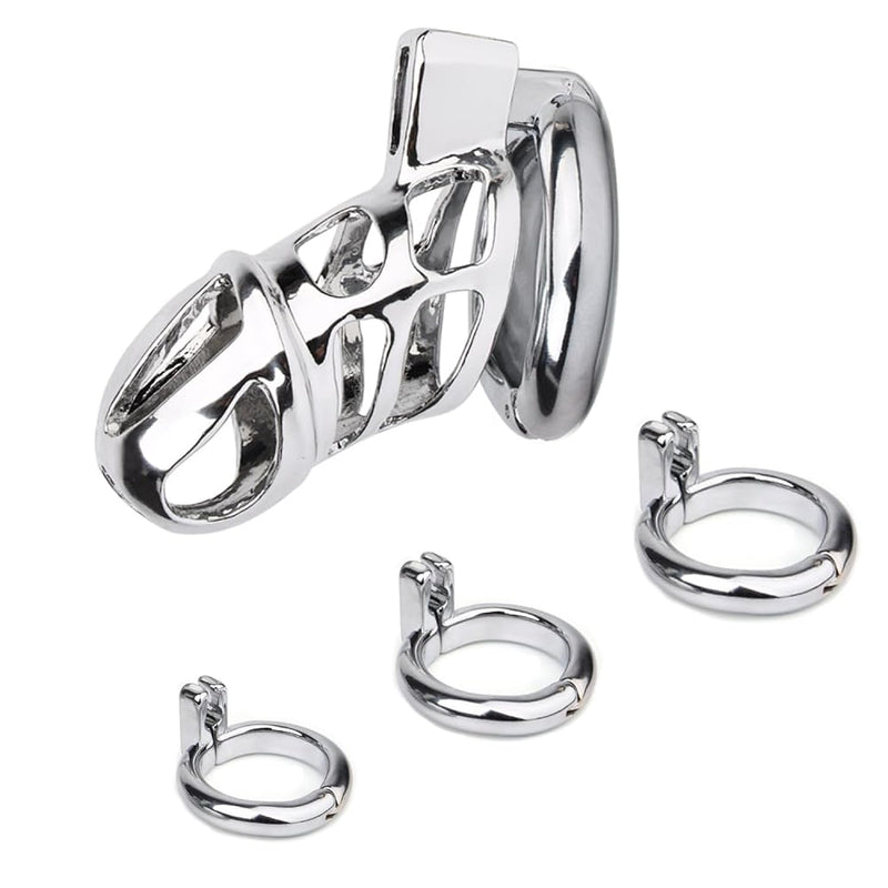 Chastity Cage For Men Steel Chastity Devices Cock Cage Male Chastity Belts Penis Cage Premium Metal Silver Locked Cage Sex Toy For Men (3 Rings), Lock And 2 Key Included