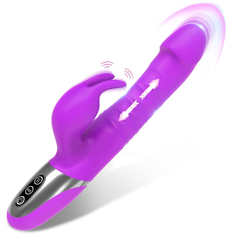 G Spot Thrusting Rabbit Vibrator Dildo For Female, 3 In 1 Silicone Sex Toy With Realistic Glans For Clitoral Anal Stimulation, 7 Thrust Actions 7 Vibrations Adult Toy For Women Solo Or Male Sex Games