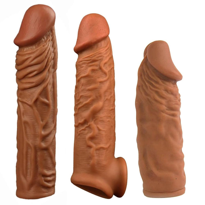 Honeypleasures Realistic Penis Sleeve Extender, Reusable Condom, Increase 20% Girth (3 Pack Set) Ed Small Penis Add 1 1/4 Extra Inch