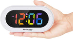 Small Colorful LED Digital Alarm Clock with Snooze, Simple to Operate, Full Range Brightness Dimmer, Adjustable Alarm Volume, Outlet Powered Compact Clock for Bedrooms, Bedside, Desk, Shelf