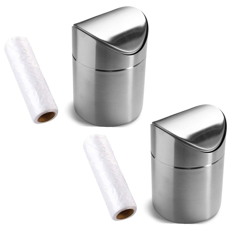 2 Packs Mini Countertop Brushed Stainless Steel Swing Lid Trash Can Set, Come Wi