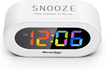 Small Colorful LED Digital Alarm Clock with Snooze, Simple to Operate, Full Range Brightness Dimmer, Adjustable Alarm Volume, Outlet Powered Compact Clock for Bedrooms, Bedside, Desk, Shelf