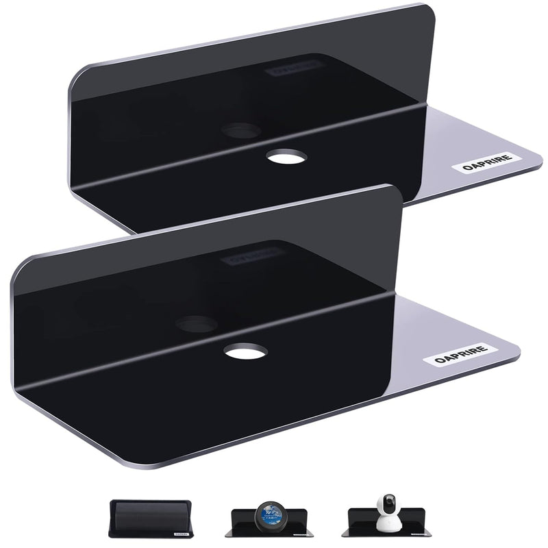 Acrylic Floating Wall Shelves Set of 2, Damage-Free Expand Wall Space, Small Display Shelf for Smart Speaker/Action Figures with Cable Clips