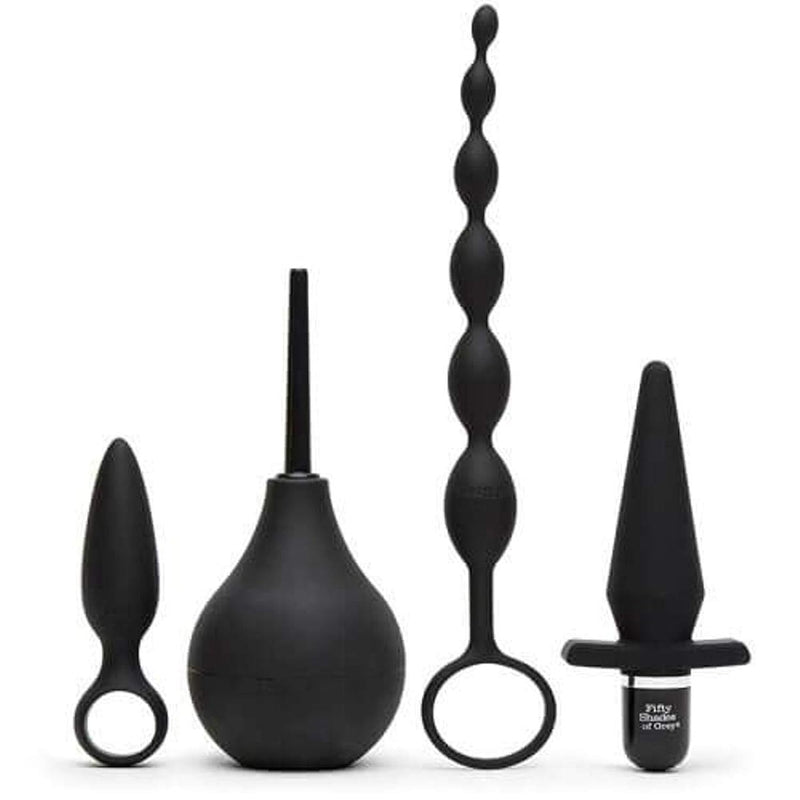 Fifty Shades Of Grey 4 Piece Anal Toys Starter Kit - With Silicone Butt Plug, Vibrating Butt Plug, Anal Beads & Douche - Waterproof - Black