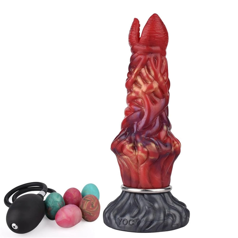 Silicone Dildo With 5 Eggs For Women, Men, Couples Adult Sex Toy, Textured Hollow Dildo Tunnel For Eggs, Fantasy Alien-Themed Dildo Harness Compatible - Black Inflatable Pump