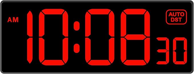 LED Digital Wall Clock, Large Digital Clock Bold Numbers with Seconds for Seniors Visually Impaired，Plug Electric Clock Dimmable Auto DST Large Display 10 Inches (Red)