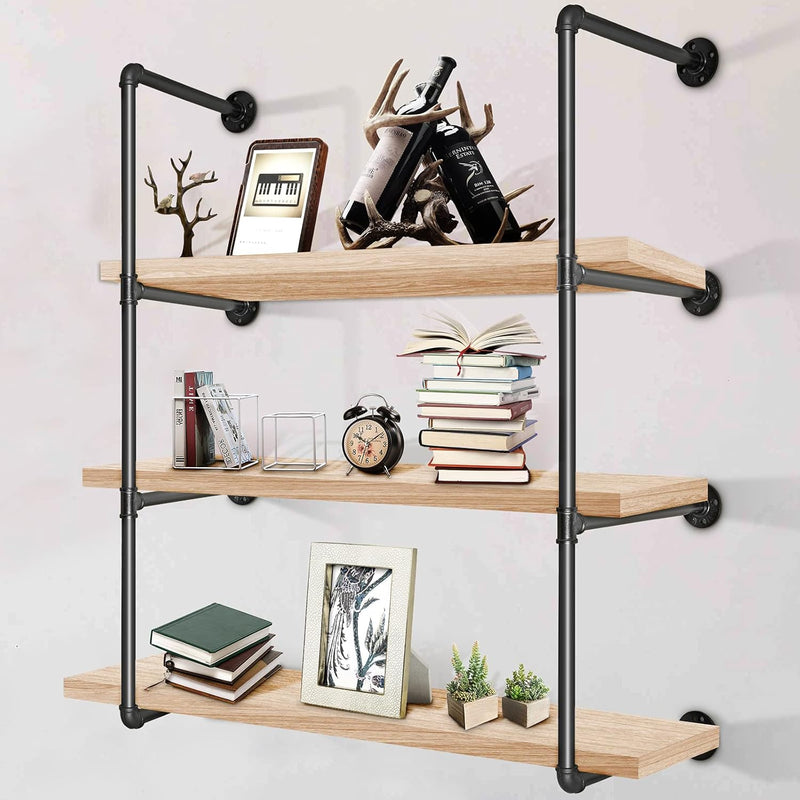 Industrial Pipe Shelves 3-Tier Wall Mount Iron Pipe Shelves 2 Pcs Pipe Shelving