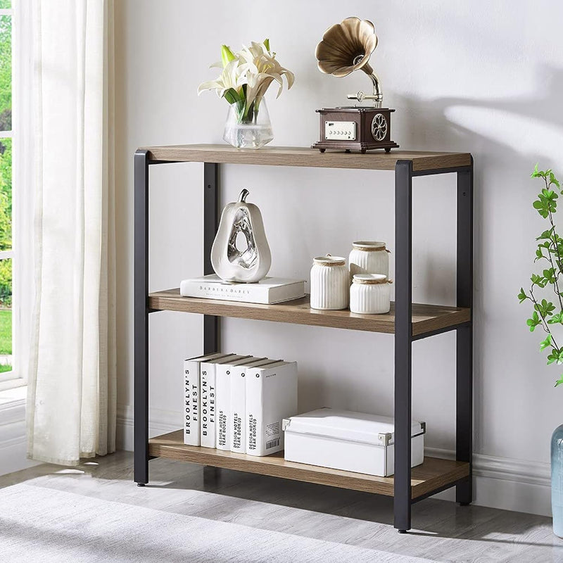 3 Tier Bookshelf, Industrial Bookcase And Book Shelves For Bedroom, Rustic Wood