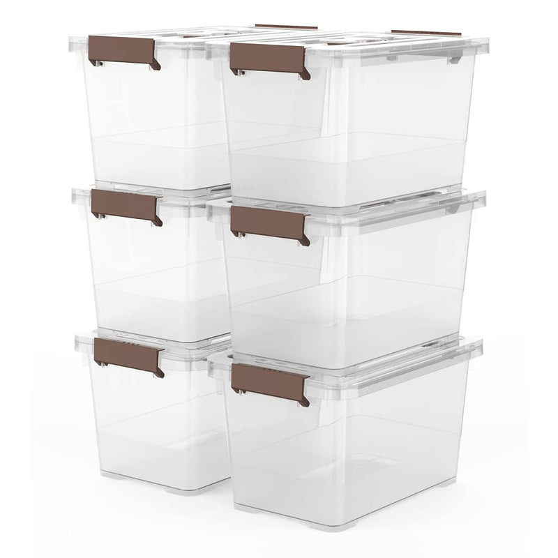 6-Pack Clear 7 Quart Storage Latch Box/Bins, Plastic Stackable Latching Box with Brown Handle and Lid, Multi-Purpose, 7 Litre