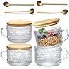 4pcs Set Vintage Coffee Mugs gifts for women, Overnight Oats Containers with Bamboo Lids and Spoons - 14oz Clear Embossed Glass Cups, Cute Coffee Bar Accessories, Iced Coffee Glasses