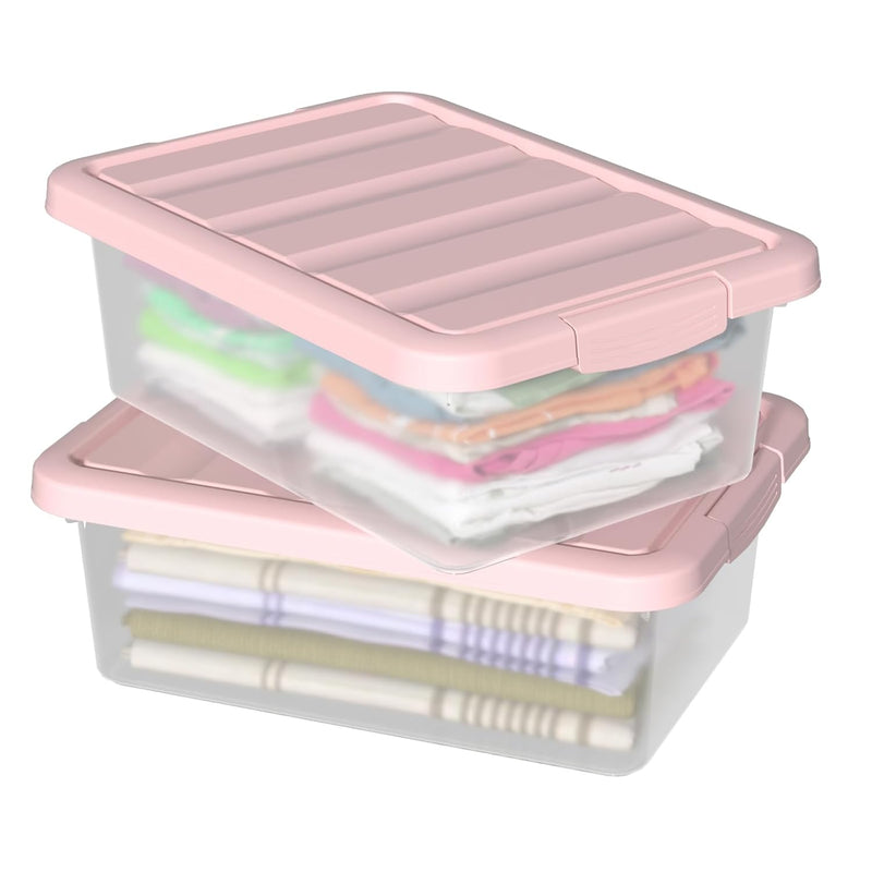 14 L Plastic Storage Bin, Storage Latch Box With Lid, Pink, 2 Pack