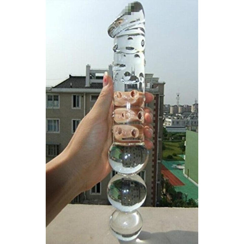 Large Transparent Double Head Glass Dildo Crystal Penis Female Masturbation With 3 Big Beads Anal Plug Butt Bead Plug (11")