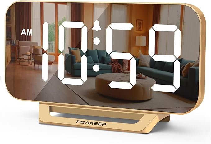 Slim Digital Mirror Clock, Aesthetic Alarm Clock for Desk - Plug in Electric Clock Big LED Modern Decorative Small Table Clock for Office Living Room, Battery Backup, 6 Dimmers (Gold)