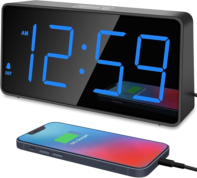 Digital Alarm Clock for Bedroom Bedside, Loud Alarm Clock for Heavy Sleepers, Large Big LED Numbers for Seniors, Battery Backup Plug in Electric Clock with USB Charger (Blue)