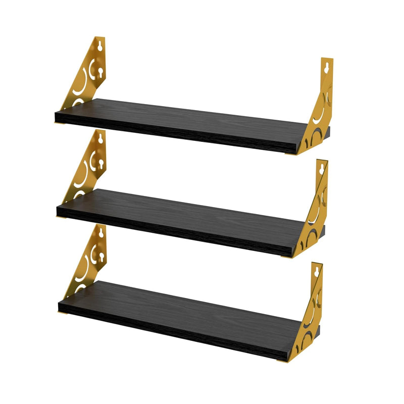 Floating Wall Shelves Set Of 3, Gold Wall Shelf With Metal Brackets For Bedroom,