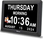 Digital Dementia Alarm Clock Large Display for Seniors, Plug in Electric Date Day of Week Calendar Clock 12 Alarms 3 Ringtones for Elderly Memory Loss Alzheimer’s, Auto DST (7" Black)