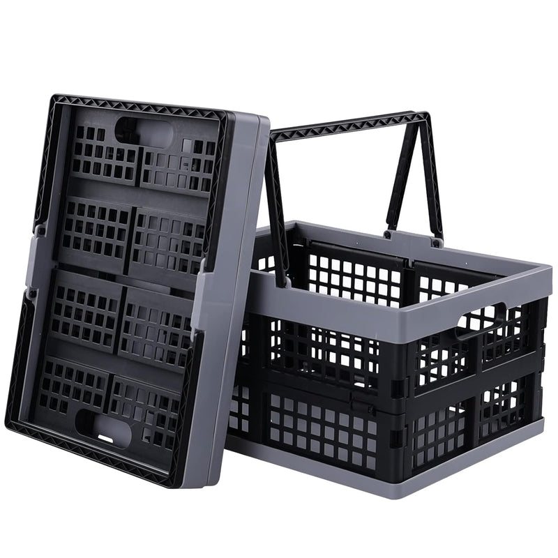 2 Packs Plastic Folding Storage Crate With Handle, Collapsible Shopping Basket,