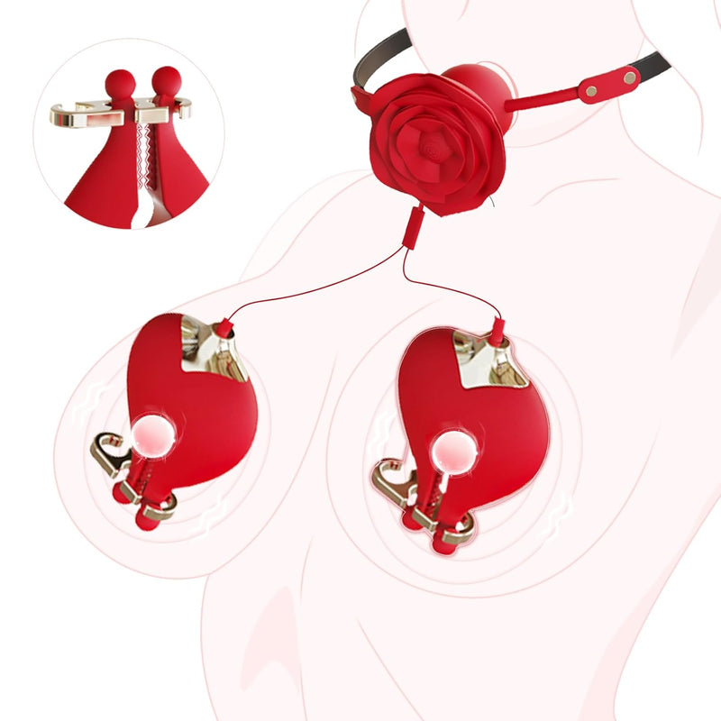 Womens Sex Toys Vibrator, Vibrating Nipple Clamp Toys, 2In 1 Adjustable Rose Necklace Mouth Gag & Nipple Clitoral Adult Toys With 10 Stimulations, Rechargeable Nipple Suckers For Women Couples