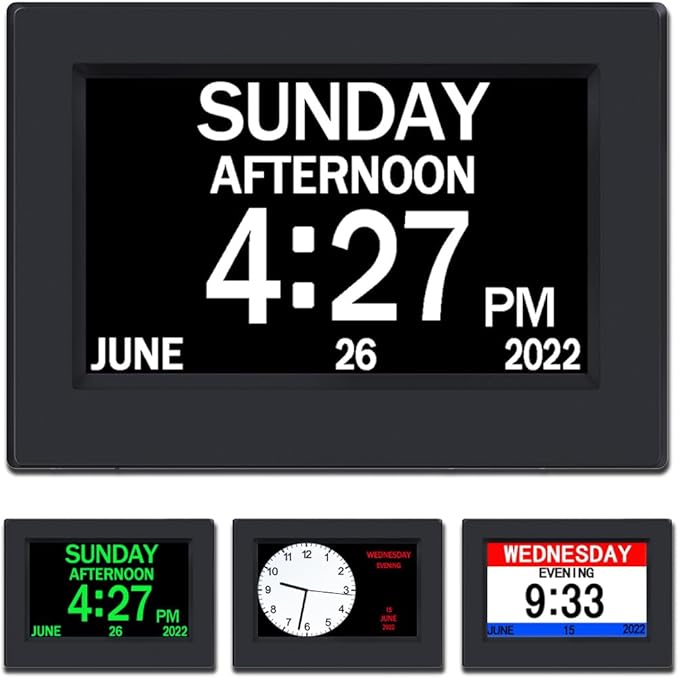 Clock with Day and Date for Elderly-3 Colors Display Digital Calendar Alarm Clock Dementia Alzheimers Clock with Extra Large Display (7in Black)