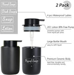 Black Soap Dispenser Set - 2 Pack 12oz Ceramic Dish Soap Dispenser with Rust Proof Pump for Kitchen, Hand Soap and Lotion Set Suitable for Farmhouse Bathroom Decor with Waterproof Labels