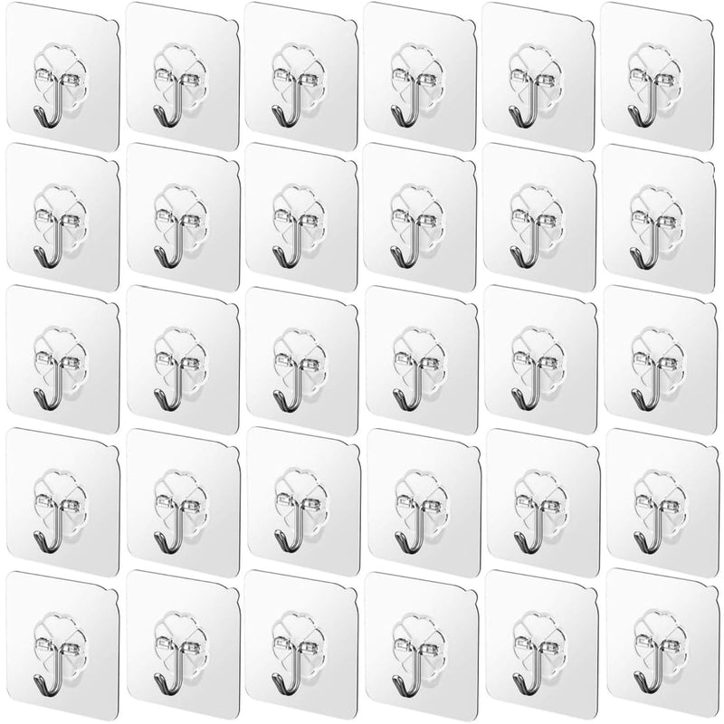 30Pack Adhesive Wall Hooks, 22Lb Strong Sticky Ceiling Door Hooks, Reusable Tran