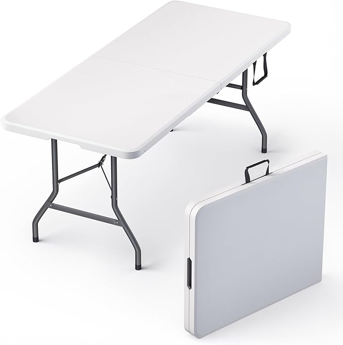 6 Feet Foldable Table with Built in Handle & Steel Legs | Heavy Duty Portable | Perfect for Party, Dining, Wedding, Events, Picnic Indoor, Outdoor, Camping, Utility, Temporary