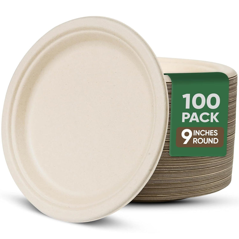 Plates 9 Inches, 100 Pack Disposable Plates For Party – 100% Compostable Plates, Water & Oil Proof Paper Plates, Microwavable Paper Plates Bulk - Brown