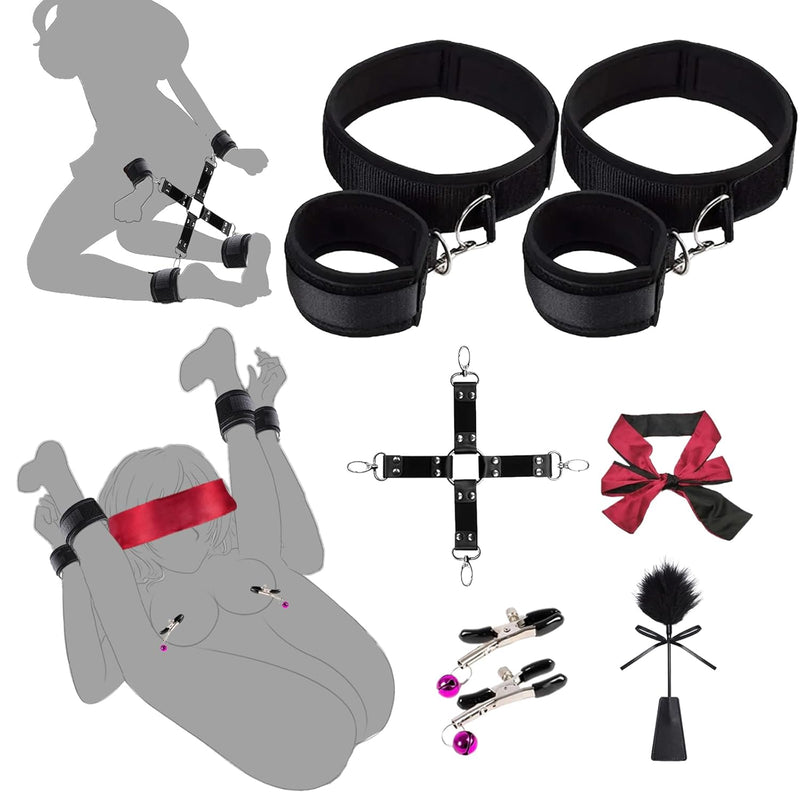 Bondage Bdsm Sex Restraints Kit,7 Pcs Bondage Gear & Accessories With Nipple Camps,Cross Strap,Feather Whip,Sex Blindfold,Wrist & Thigh Cuffs Bondage Restraints,Womens Sex Toys Couples Sex Toys