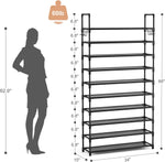 10 Tiers Shoe Rack Tall Large Capacity 50 Pairs Wide Shoe Organizer Sturdy Shoe Shelf for Entryway with Two Hooks Metal Shoe Storage for Closet, Bedroom, Black