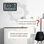 Auto Set Digital Wall Clock Battery Operated, Desk Clocks with Temperature, Humidity and Date, Large Display Digital Calendar Alarm Clock for Elderly, Bedroom, Office, 8 Time Zone, Auto DST.