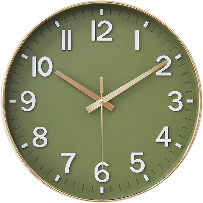 Wall Clocks Battery Operated,12 inch Silent Non Ticking Modern Wall Clock for Living Room Bedroom Kitchen Office Classroom Decor (Olive Green and Gold)