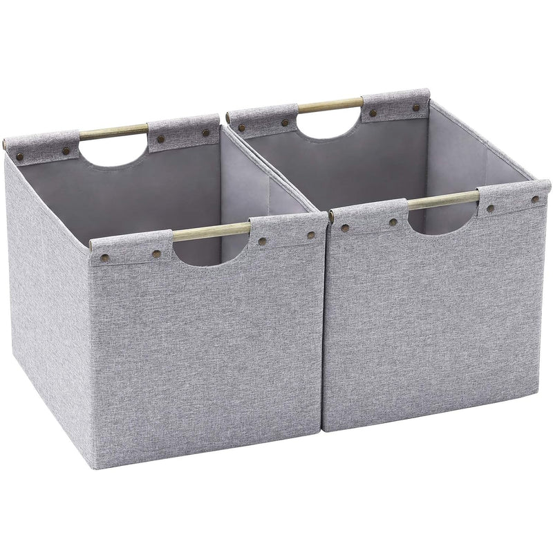 Large Foldable Storage Bins, Linen Fabric, 2 Pack, With Wooden Carry Handles And