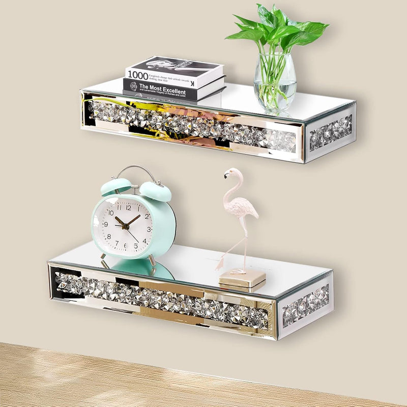 Mirrored Floating Shelves Wall Mounted. Crystal Crushed Diamond Modern Wall Shel