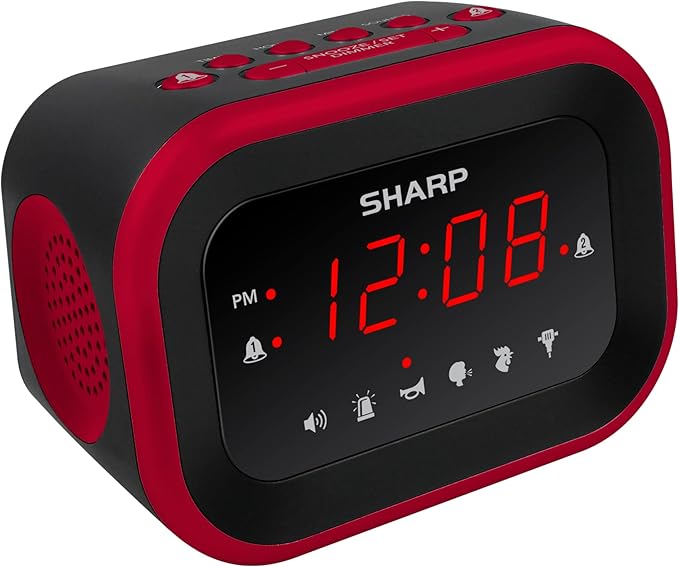 Big Bang Super Loud Alarm Clock for Heavy Sleepers, 6 Extremely Loud Wake Up Sounds: Rooster, Bugle, Nagging Mom, Jackhammer, Siren, Beep – Up to 115db Volume, Red/Black with Red LED Display