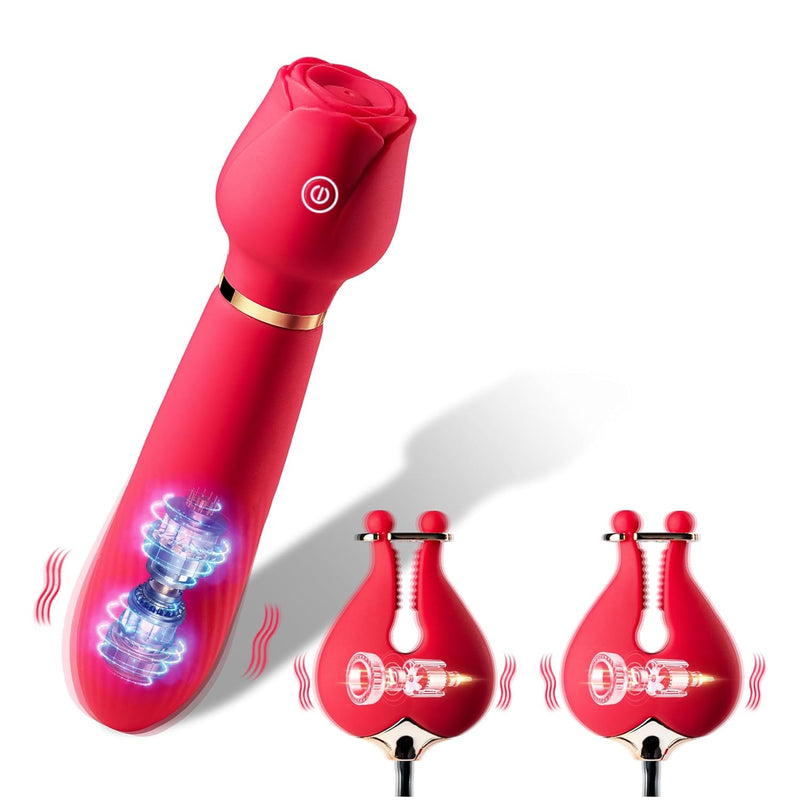 2 In 1 Rose Nipple Toys G Spot Wand Vibrators For Women,Nipple Clitoral Vibrator Sex Toys With 10 Powerful Vibration, Rechargeable Adult Sex Toys Nipple Clamps Stimulator For Women Couples Pleasure