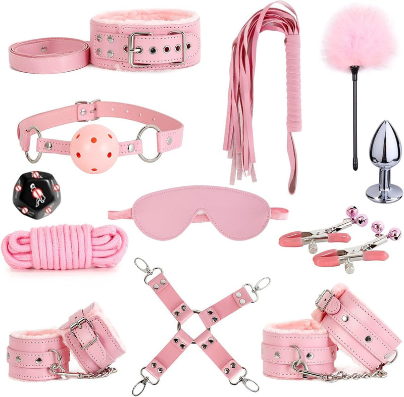 S ex Bondage Restraint Kits BDSM Toys 12 Pcs Handcuffs Ankle Cuffs Anal Plug Nipple Clamps Ball Gag Blindfold Rope Leather Restraints Set Adjustable for Adult Beginners (Pink)