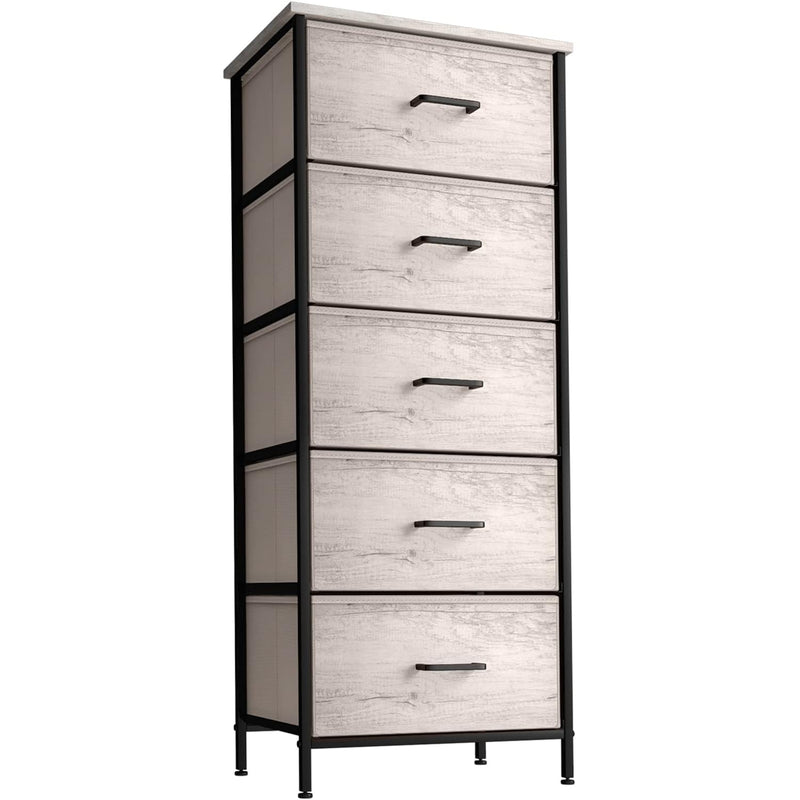 Nightstand Dresser With 5 Faux Wood Drawers – Tall Bedside Table Chest With Stor