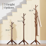 Sturdy Wooden Coat Tree with 8 Hooks, 3 Adjustable Sizes for Clothes, Hat Stand Used in Bedroom/Office/Entryway, Brown