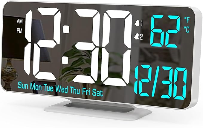 Digital LED Clocks for Bedrooms 6.7in White Alarm Clock, Dimming, 12/24h, Date, Day of Week,Temp,Desk Clock, LED Clock for Bedside, Digital Calendar Clocks for Living Room Essentials