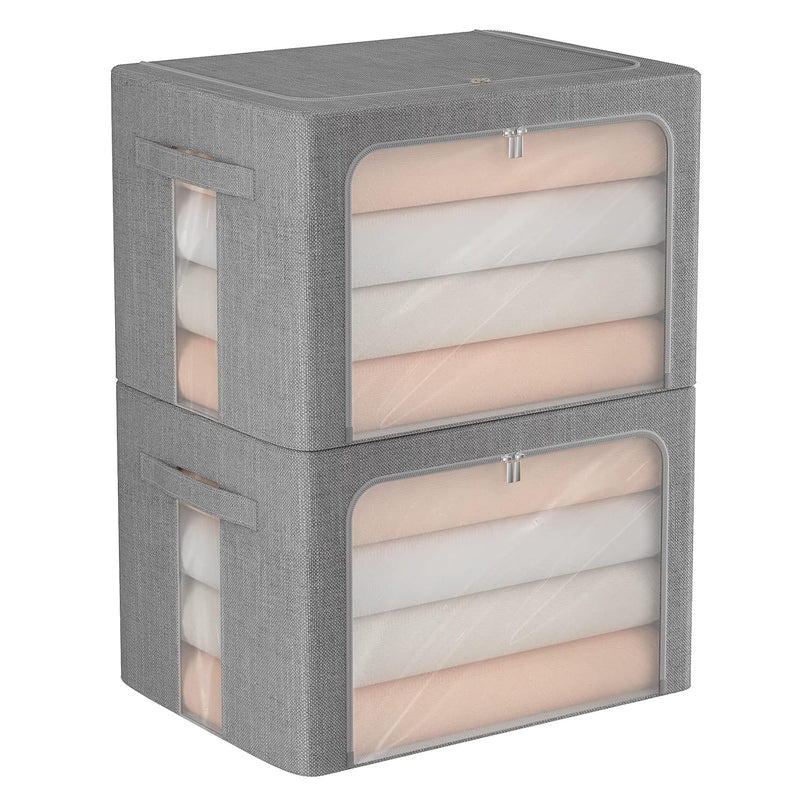 2 Pack Clothes Storage Bins - Foldable Metal Frame Storage Box - Stackable Linen