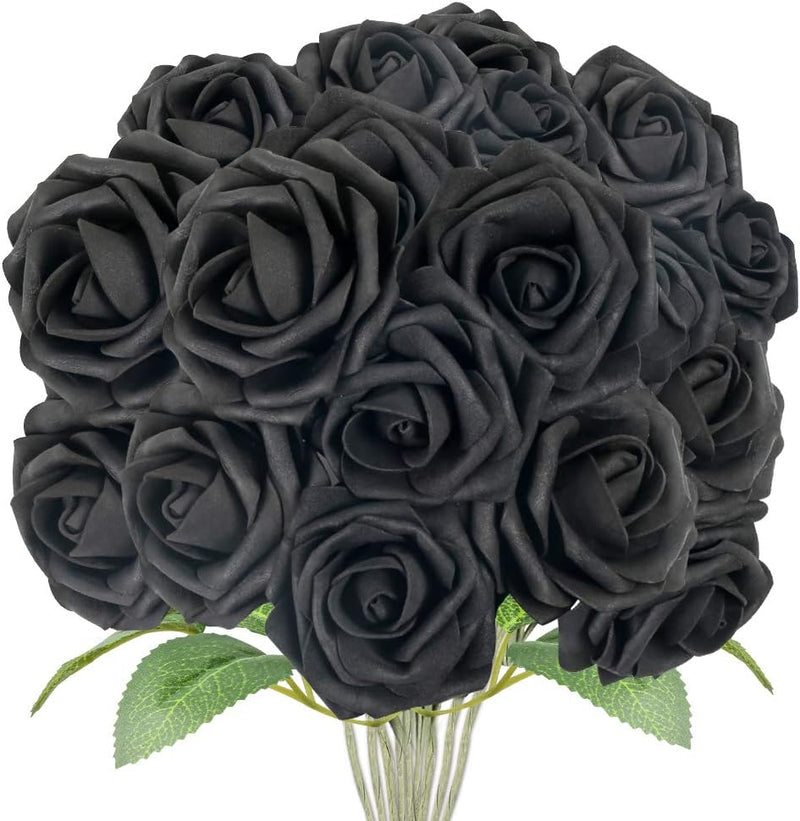 30PCS Black Roses Artificial Flowers, Black Flowers Faux Roses Single Stem Fake Flowers for Home Floarl DIY Wedding Bouquets Halloween Party Decor, 3 Size