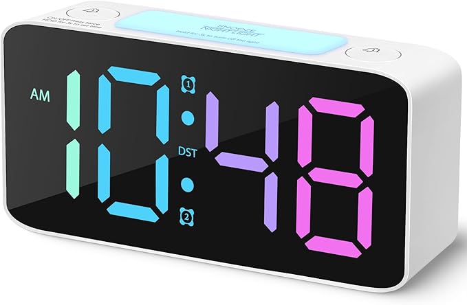 Super Loud Alarm Clock for Heavy Sleepers Adults,Digital Clock with 7 Color NightLight,Adjustable Volume,USB Charger,Small Clocks for Bedrooms,Ok to Wake Up for Kids,Teens (White+RGB)